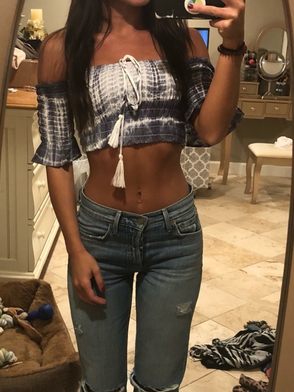 Olivaceous Off Shoulder Tie Dye Smocked Crop Top
